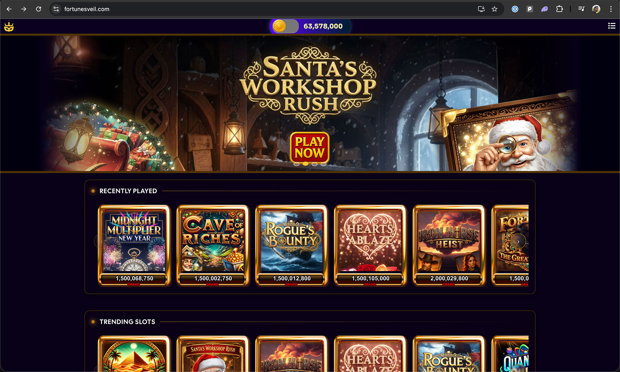 Browser view of the Fortunes Veil virtual entertainment platform